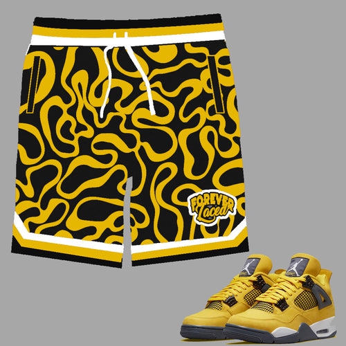 Forever Laced Shorts to match Retro Jordan 4 Lightning sneakers