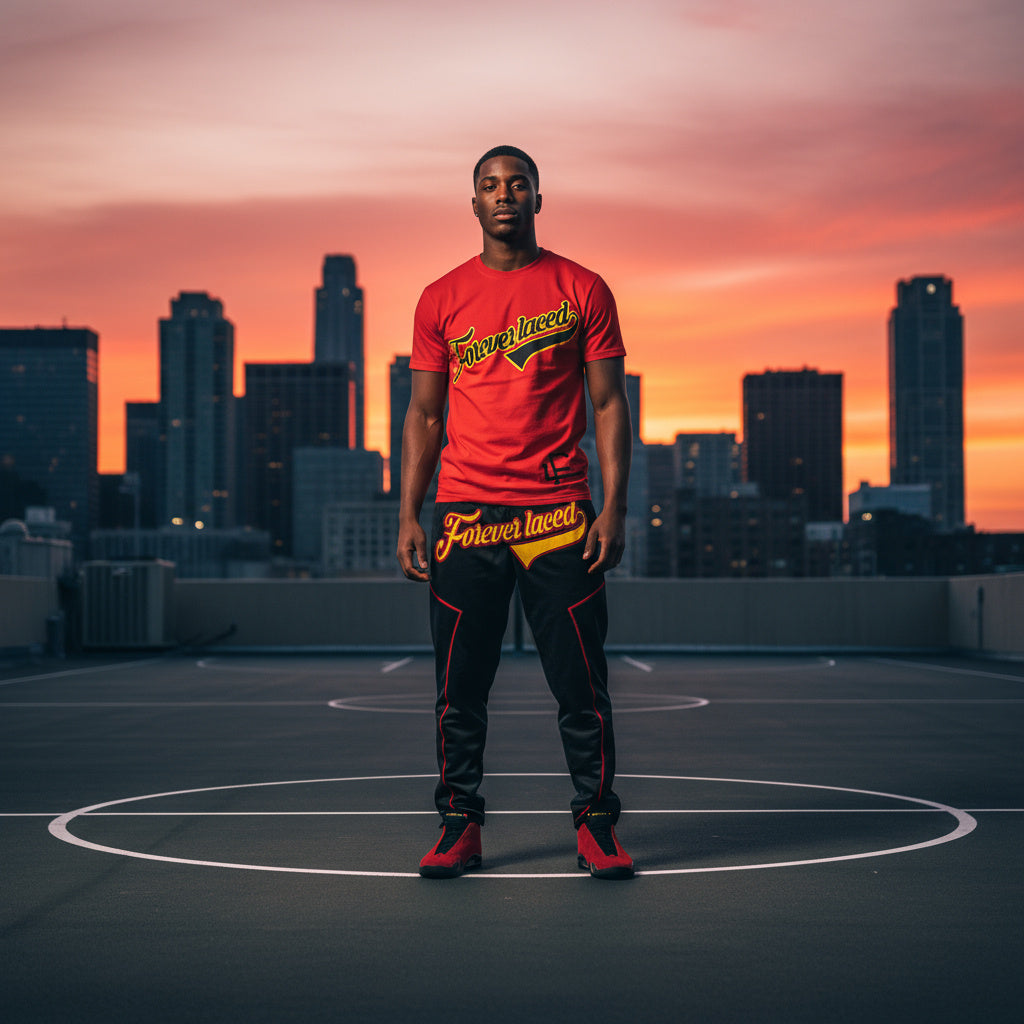 Forever Laced FL Stadium Outfit to match Retro Jordan 14 Ferrari sneakers