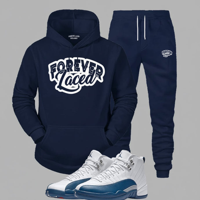 Forever Laced Classic Hooded Sweatsuit to match Retro Jordan 12 French Blue sneakers