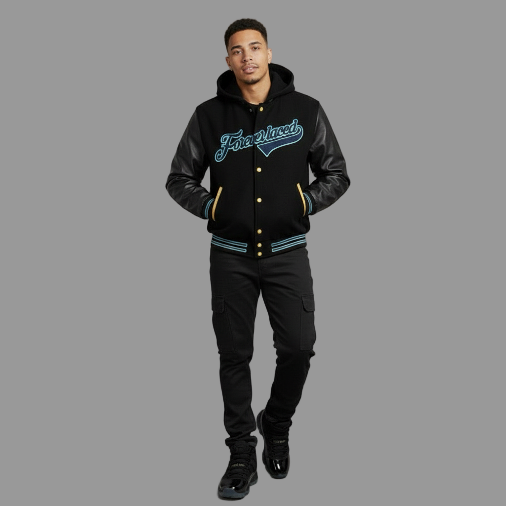 Forever Laced Stadium Hooded Varsity Jacket to match Retro Jordan 11 Gamma Blue sneakers