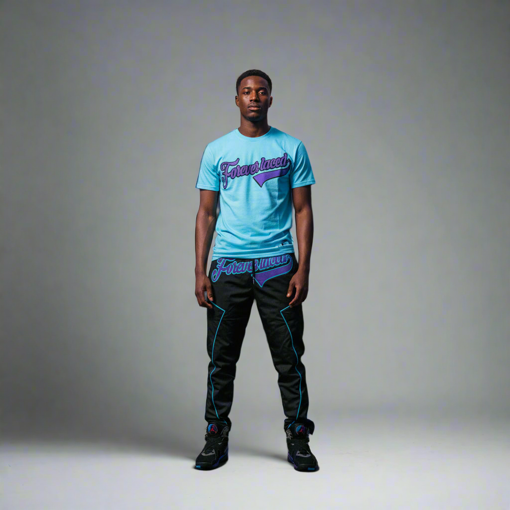 Forever Laced FL Stadium Outfit to match Retro Jordan 8 Aqua sneakers