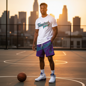 Forever Laced FL Stadium Short Set to match Retro Jordan 5 OG Grape sneakers