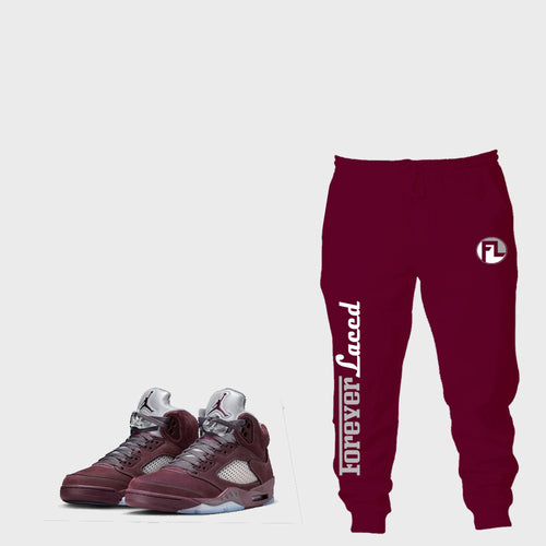 Forever Laced Racer Joggers to match Retro Jordan 5 Burgundy sneakers