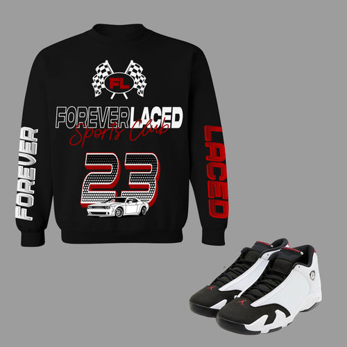 Forever Laced Sports Club Crewneck to match Retro Jordan 14 Black Toe sneakers