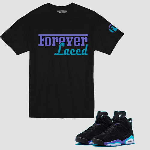Forever Laced Racer T-Shirt to match Retro Jordan 6 Aqua sneakers