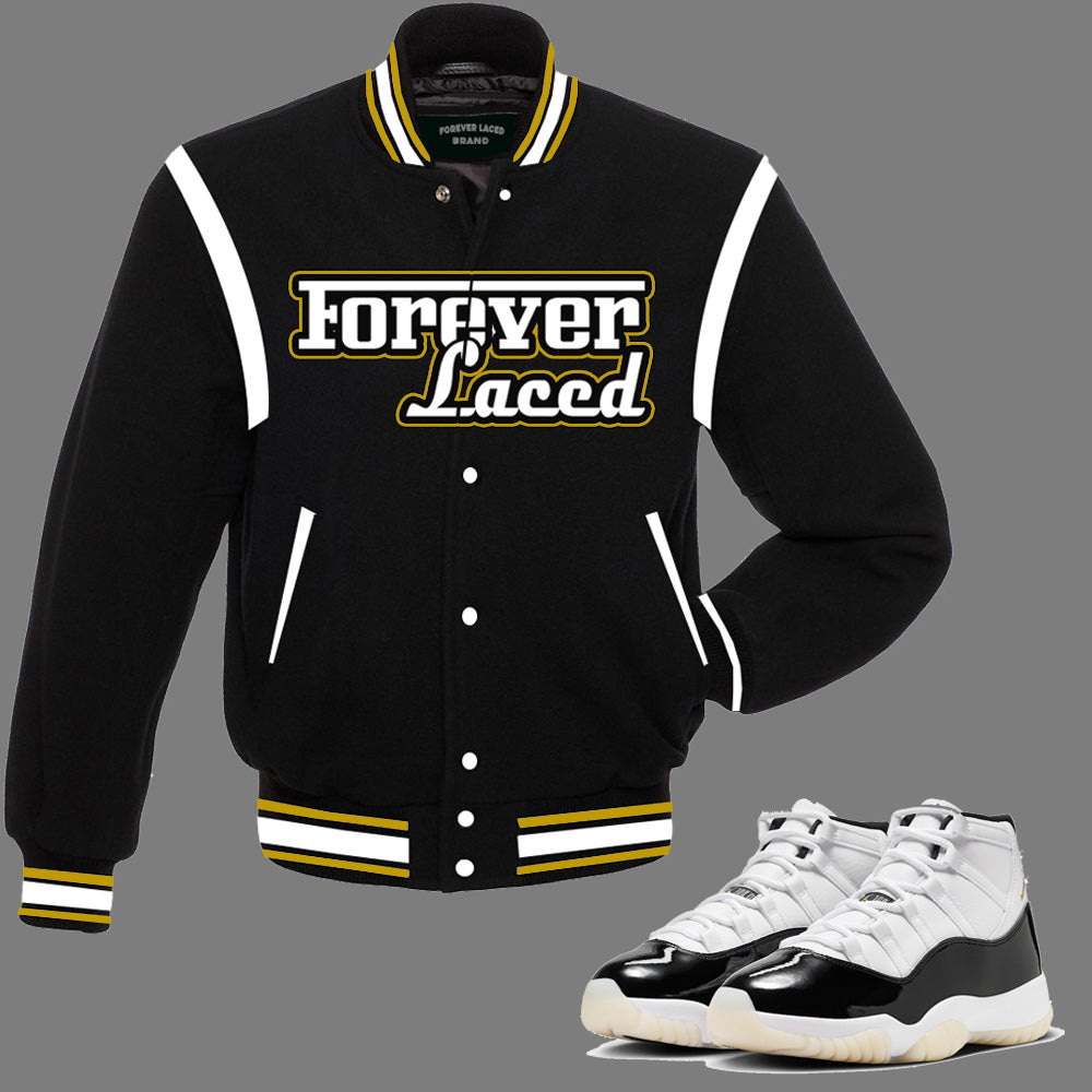 Forever Laced Racer Varsity Jacket to match the Retro Jordan 11 Gratitude sneakers