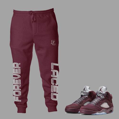 Forever Laced FL Sweatpants to match Retro Jordan 5 Burgundy sneakers