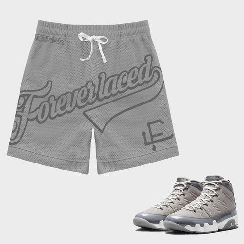 Forever Laced FL Stadium Mesh Shorts to match Retro Jordan 9 Cool Grey sneakers