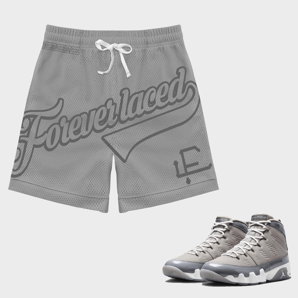 Forever Laced FL Stadium Mesh Shorts to match Retro Jordan 9 Cool Grey sneakers