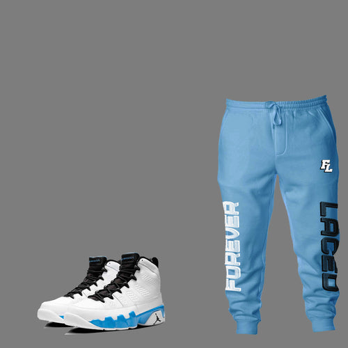 Forever Laced FL Joggers to match Retro Jordan 9 Powder Blue sneakers