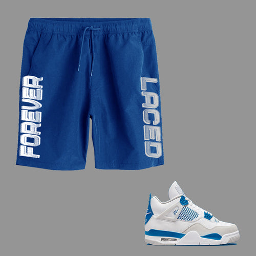 Forever Laced FL Shorts to match Retro Jordan 4 Military Blue sneakers