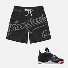 Load image into Gallery viewer, Forever Laced FL Stadium Mesh Shorts to match Retro Jordan 4 Bred Reimagined sneakers