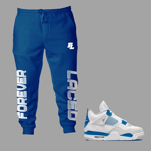 Forever Laced FL Sweatpants to match Retro Jordan 4 Military Blue sneakers