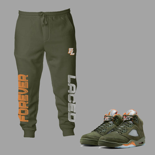 Forever Laced FL Sweatpants to match Retro Jordan 5 Olive sneakers