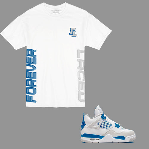 Forever Laced FL T-Shirt to match Retro Jordan 4 Military Blue sneakers