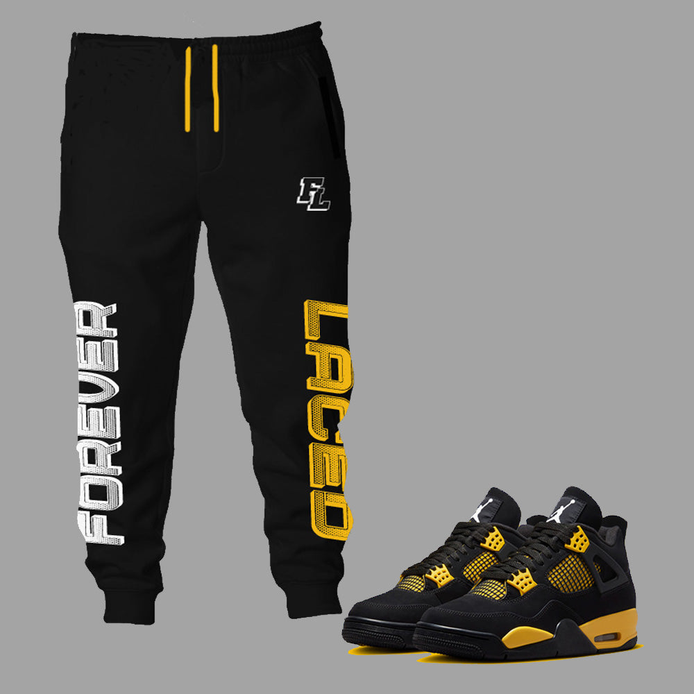 Forever Laced FL Sweatpants to match Retro Jordan 4 Thunder sneakers