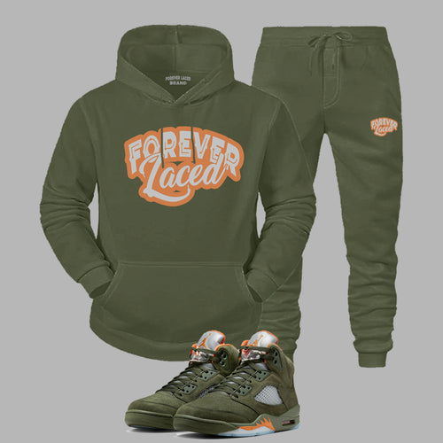 Forever Laced Hooded Sweatsuit to match Retro Jordan 5 Olive sneakers