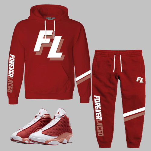 Forever Laced FL Varsity Hooded Sweatsuit to match Retro Jordan 13 Red Dune sneakers