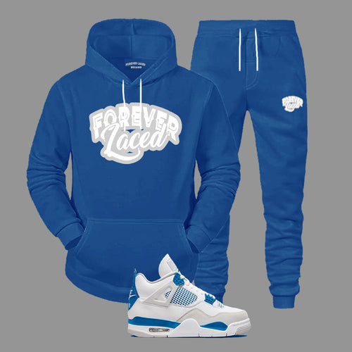 Forever Laced Hooded Sweatsuit to match Retro Jordan 4 Military Blue sneakers