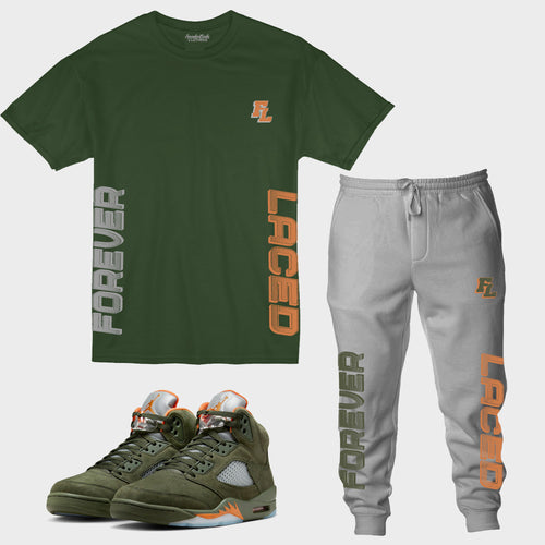 Forever Laced FL Outfit to match Retro Jordan 5 Olive sneakers