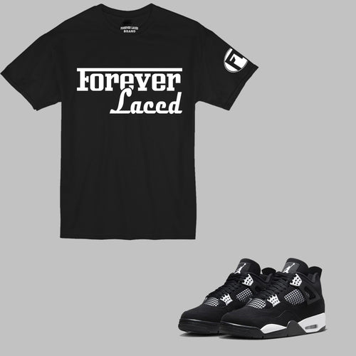 Forever Laced Racer T-Shirt to match Retro Jordan 4 White Thunder sneakers