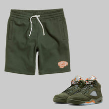 Load image into Gallery viewer, Forever Laced Fleece Shorts to match Retro Jordan 5 Olive sneakers