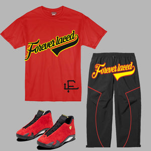Forever Laced FL Stadium Outfit to match Retro Jordan 14 Ferrari sneakers