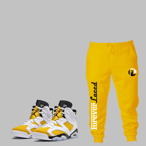 Forever Laced Racer Joggers to match Retro Jordan 6 Yellow Ochre sneakers