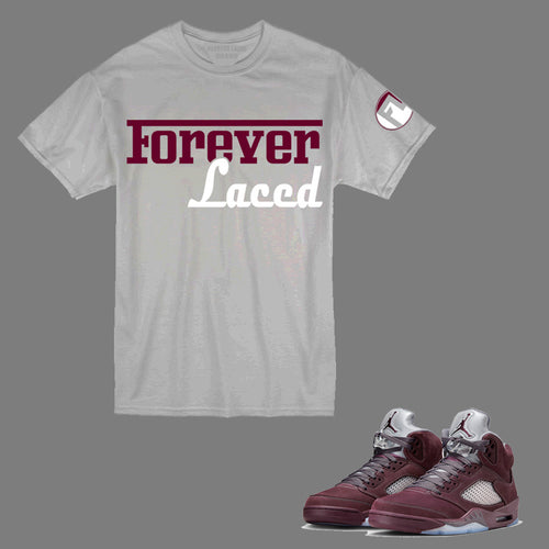 Forever Laced Racer T-Shirt to match Retro Jordan 5 Burgundy sneakers