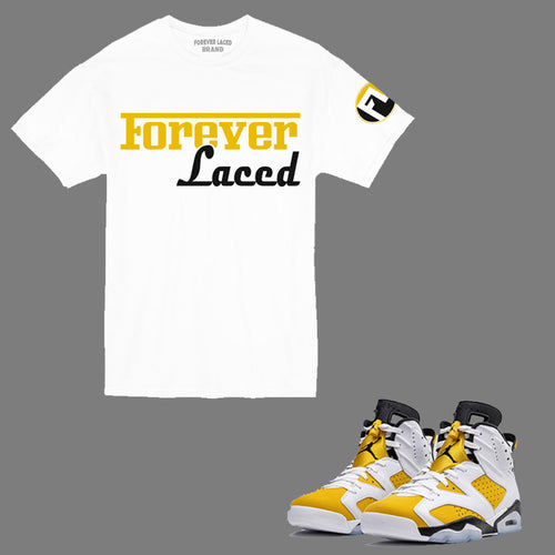 Forever Laced Racer T-Shirt to match Retro Jordan 6 Yellow Ochre sneakers
