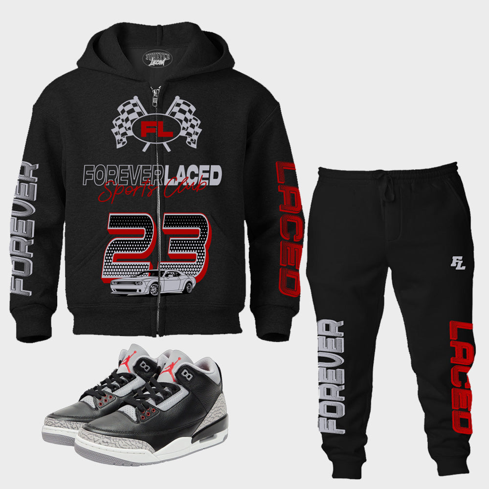 Forever Laced Sports Club Sweatsuit to match Retro Jordan 3 Black Cement sneakers