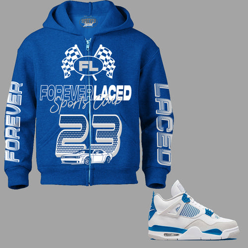 Forerever Laced Sports Club Zipped Hoodie to match Retro Jordan 4 Military Blue sneakers