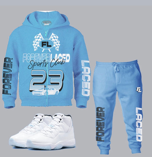 Forever Laced Sports Club Sweatsuit to match Retro Jordan 11 Legend Blue sneakers