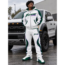 Load image into Gallery viewer, Forever Laced Raptor Zip Hoodie Sweatsuit - White/ Gorge Green and Purple