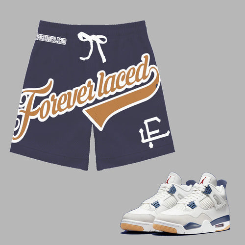 Forever Laced FL Stadium Mesh Shorts to match Retro Jordan 4 SB Navy sneakers