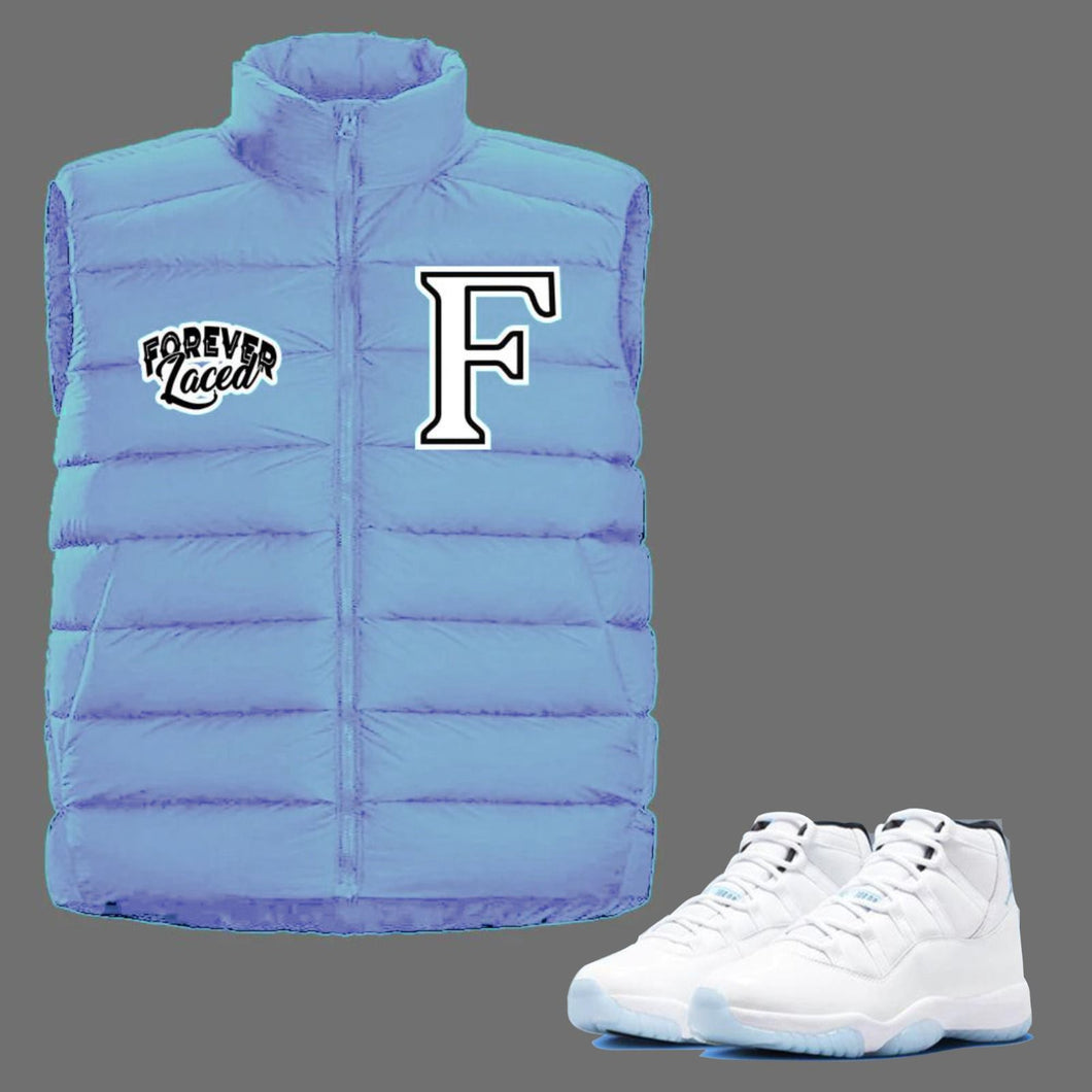 Forever Laced Bubble Vest to match Retro Jordan 11 Legend Blue sneakers