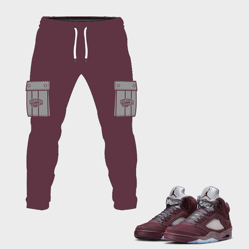Forever Laced Cargo Track Pants to match Retro Jordan 5 Burgundy sneakers