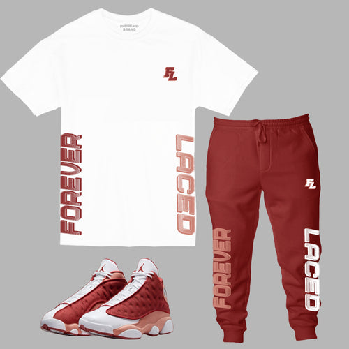 Forever Laced FL Outfit to match Retro Jordan 13 Dune Red sneakers