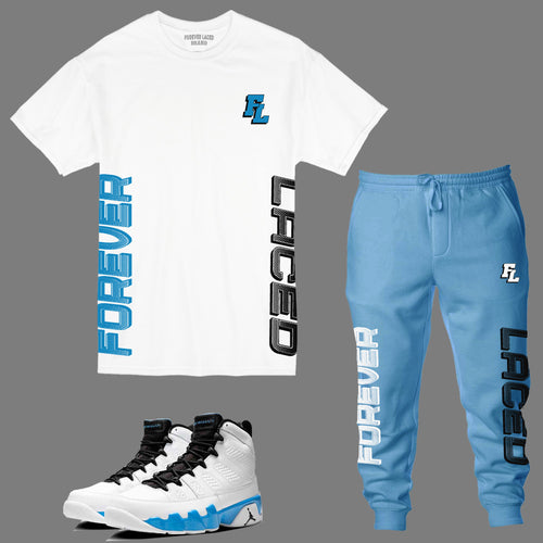 Forever Laced FL Outfit to match Retro Jordan 9 Powder Blue sneakers