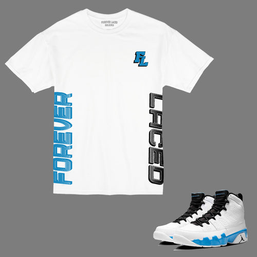 Forever Laced FL T-Shirt to match Retro Jordan 9 Powder Blue sneakers