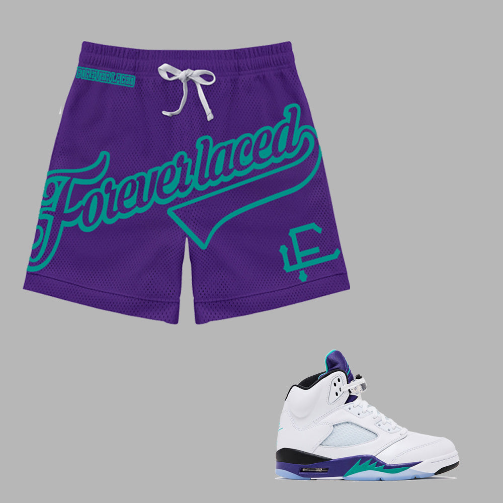 Forever Laced FL Stadium Mesh Shorts to match Retro Jordan 5 OG Grape sneakers