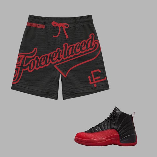 Forever Laced FL Stadium Mesh Shorts to match Retro Jordan 12 Flu Game sneakers