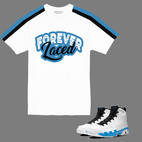 Forever Laced T-Shirt to match Retro Jordan 9 Powder Blue sneakers