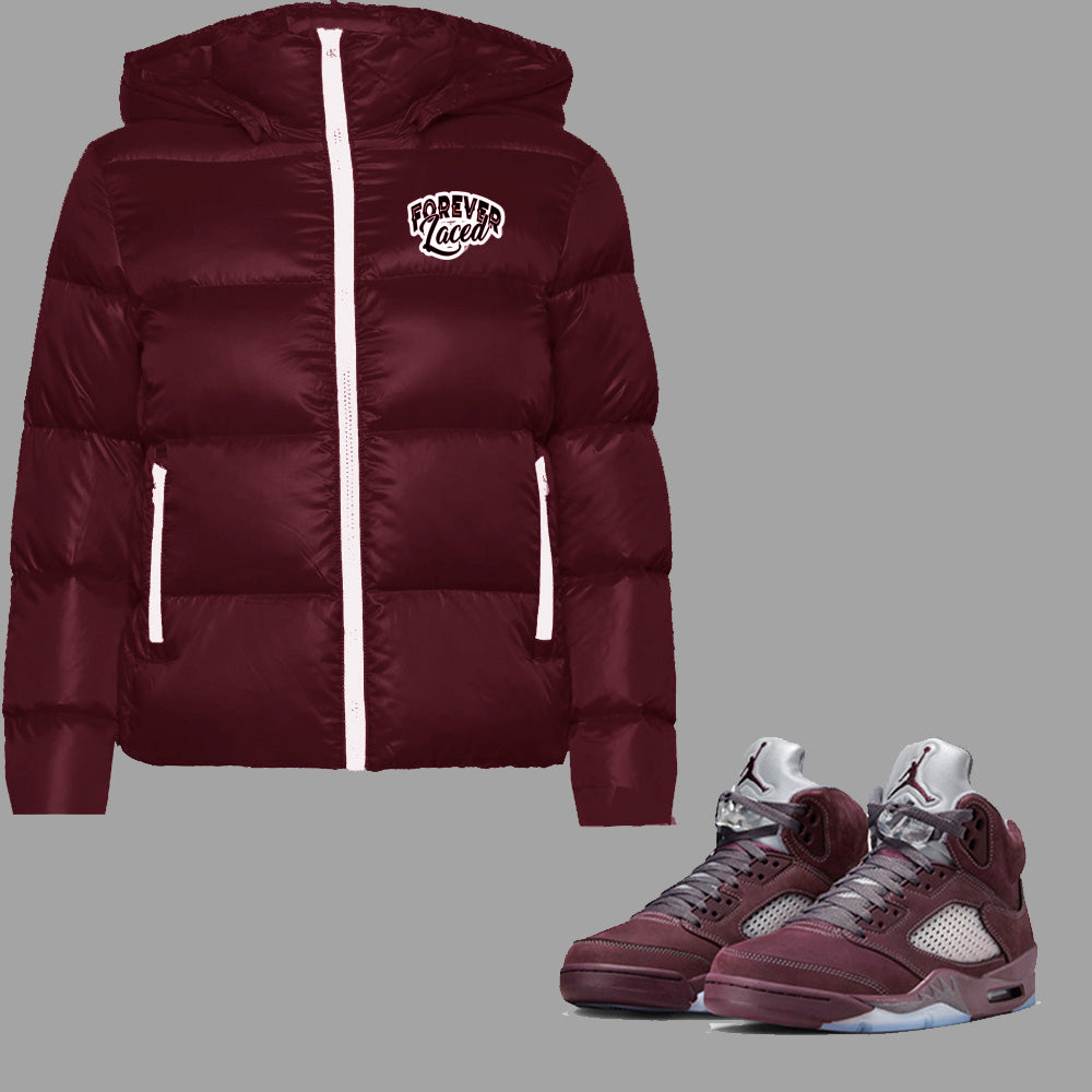 Forever Laced Detachable Hooded Puffer Jacket to match Retro Jordan 5 Burgundy sneakers