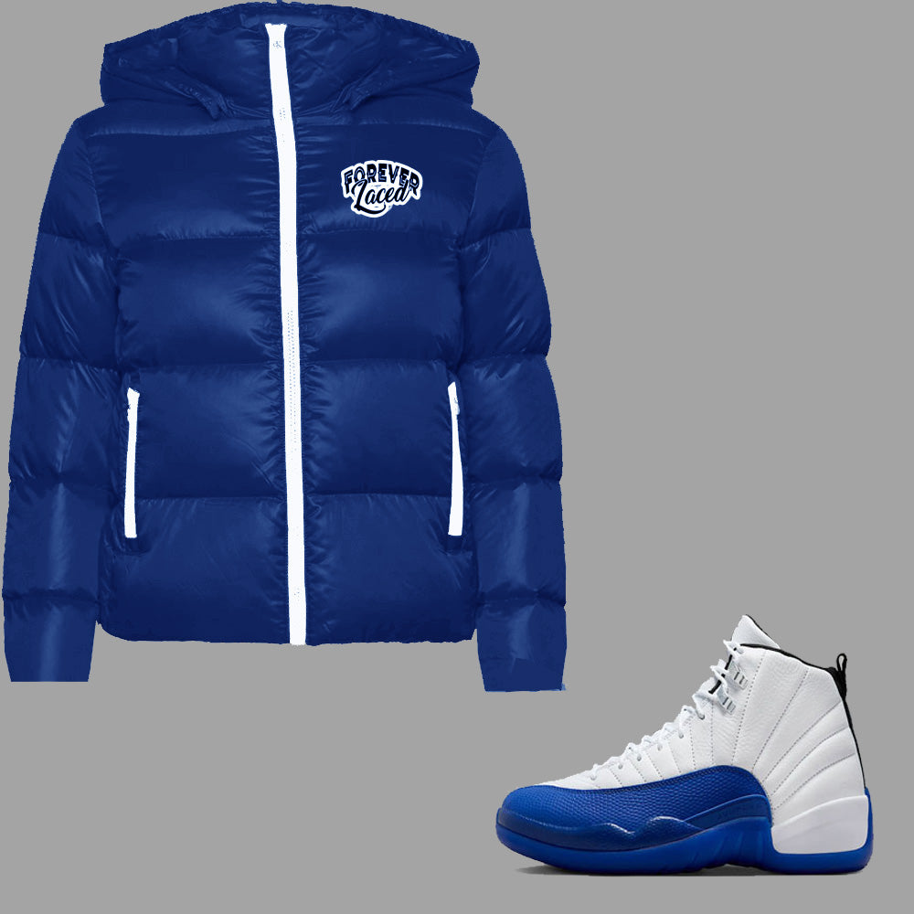 Forever Laced Detachable Hooded Puffer Jacket to match Retro Jordan 12 Blueberry sneakers