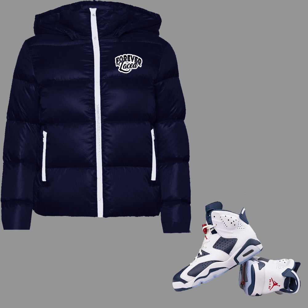 Forever Laced Detachable Hooded Puffer Jacket to match Retro Jordan 6 Olympic sneakers