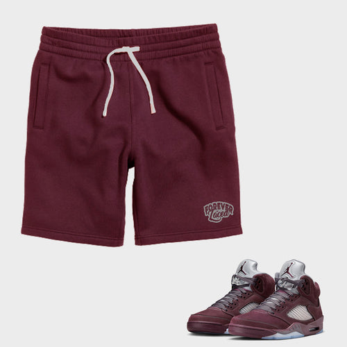 Forever Laced Fleece Shorts to match Retro Jordan 5 Burgundy sneakers