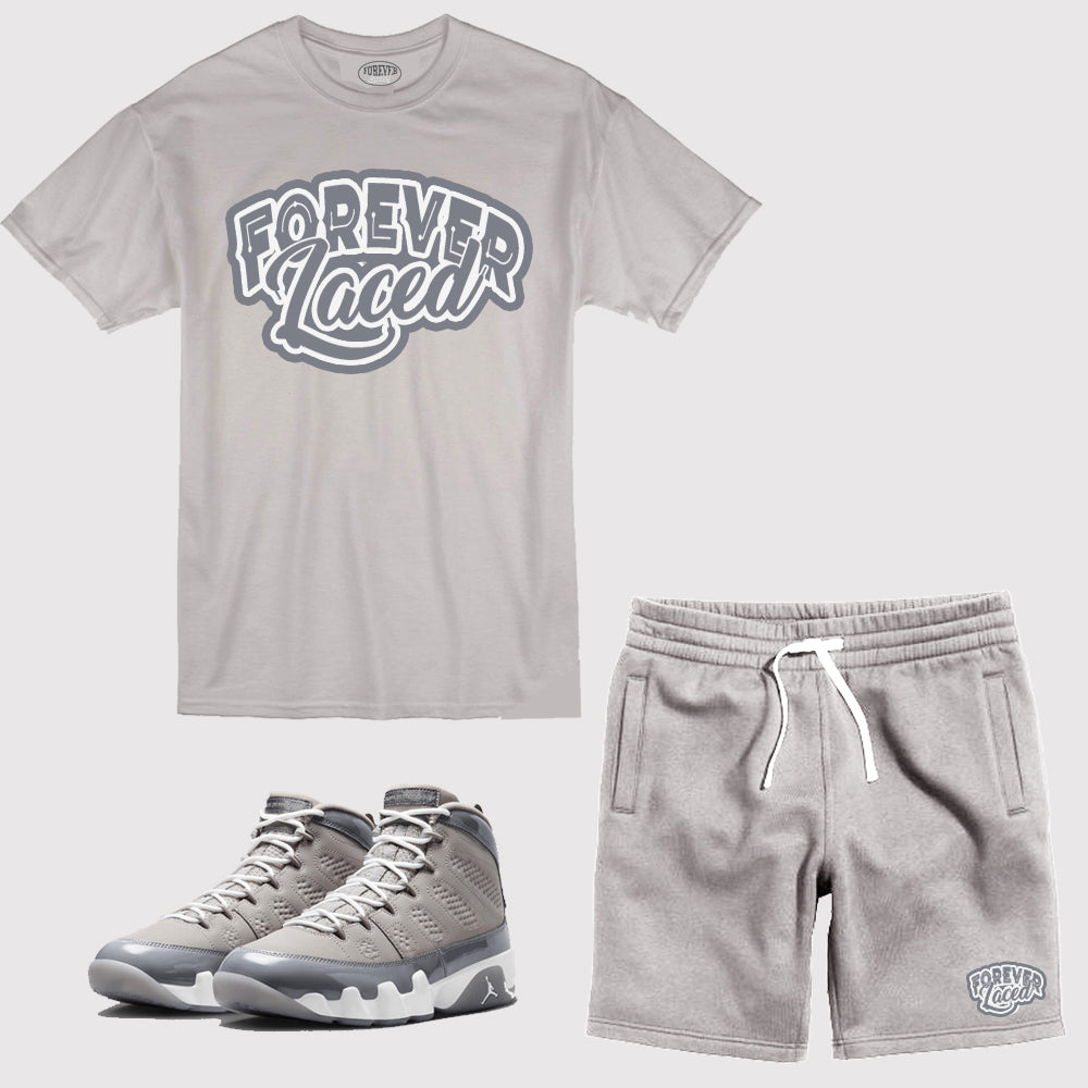 Forever Laced Classic Short Set to match Retro Jordan 9 Cool Grey sneakers