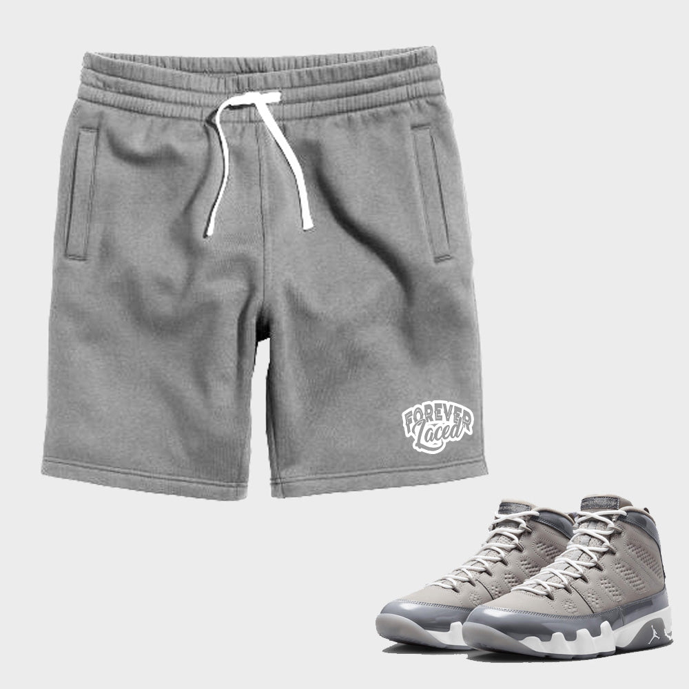 Forever Laced Fleece Shorts to match Retro Jordan 9 Cool Grey sneakers