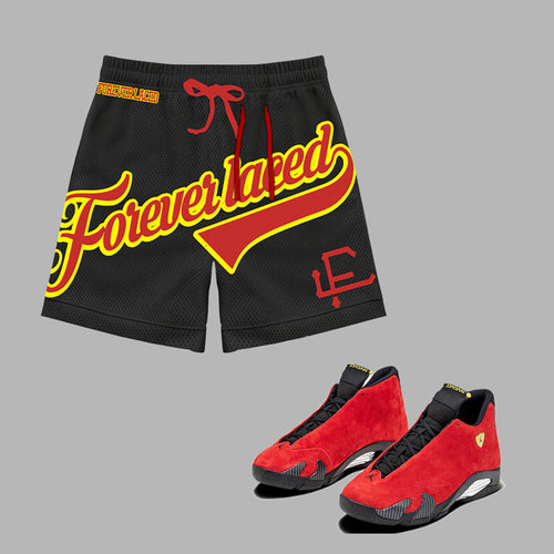 Forever Laced FL Stadium Mesh Shorts to match Retro Jordan 5 Ferrari sneakers